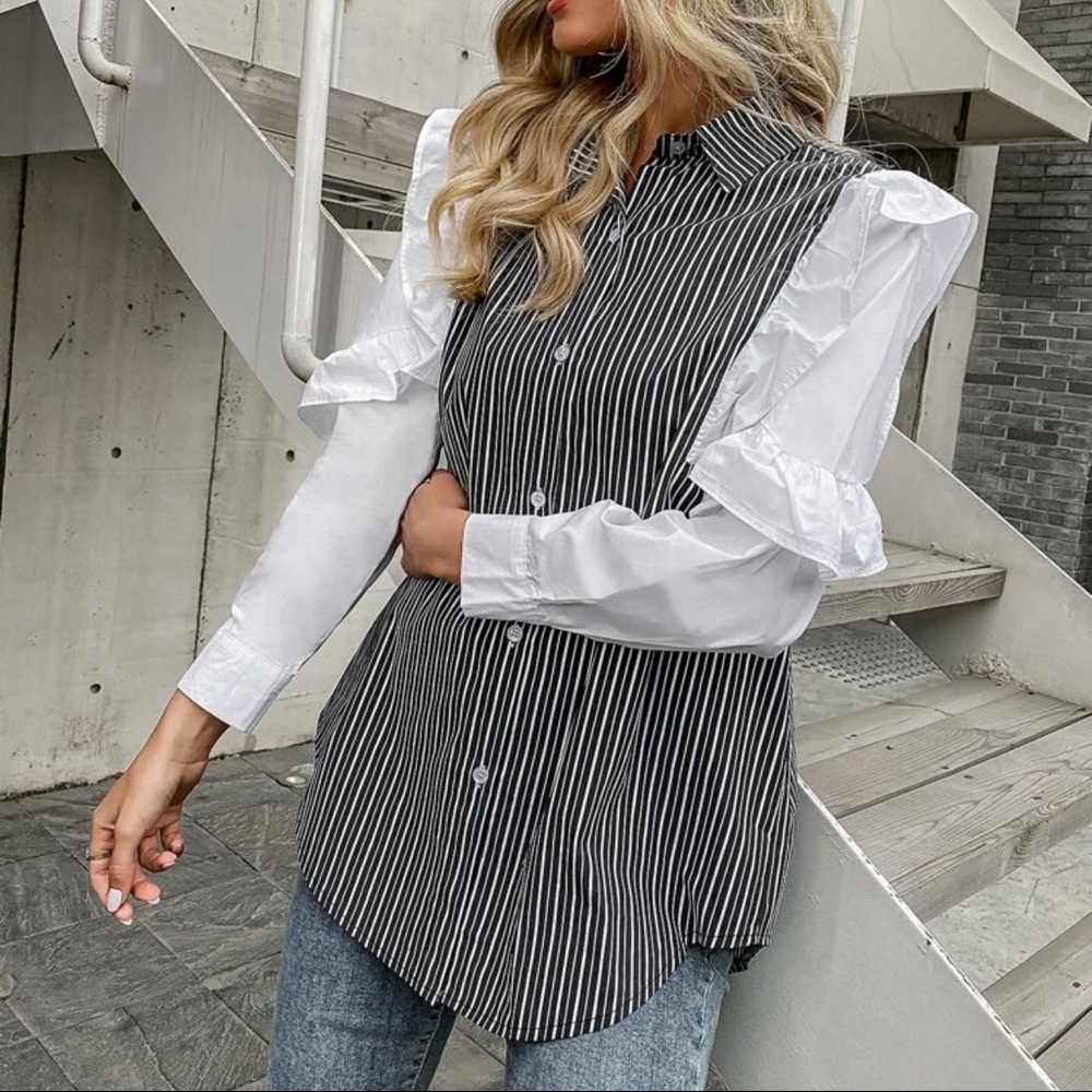 Stripe Ruffle trim button through blouse - Picture 3 of 4